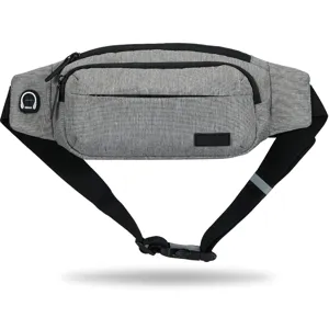 Durable grey sports fanny pack with multi-compartments and integrated headphone port