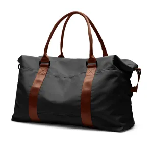 Large black nylon travel duffel bag with durable brown webbing straps and handles