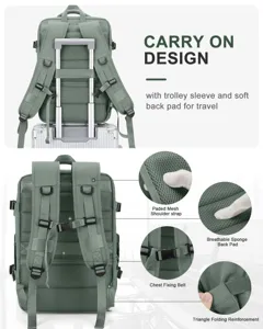 Detalle de mochila de viaje con correa para maleta y correas de hombro acolchadas