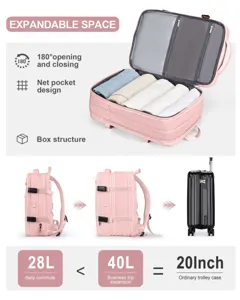 Mochila de viaje rosa extensible funcional con comparación de capacidad de 28L a 40L