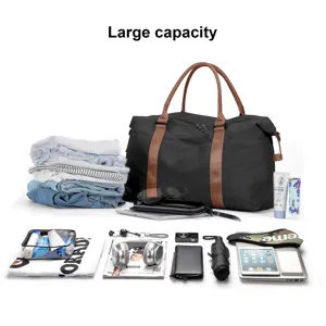 Detailed layout of the large capacity black travel duffel bag with various organized essentials