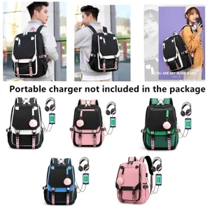 Multi-color stylish student backpacks with USB charging port and headphone jack detail