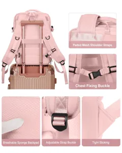 Características detalladas de mochila rosa con correas de malla y hebillas de pecho