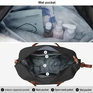 Detailed view of a travel bag interior showing wet pockets and mesh organizers