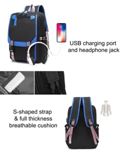 Detailansicht des schwarz-blauen Studenten-Rucksacks mit USB-Ladeanschluss für Laptops
