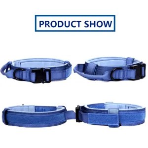 Collar táctico de nailon azul ajustable para perro con asa resistente y hebilla de metal