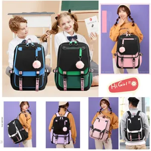 Stylish multi-color student backpacks with USB charging port and cute plush ball charms.