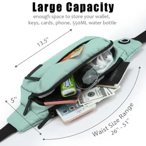 Detailed view of large capacity mint sports fanny pack showing internal storage space.