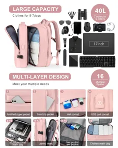 Vista detallada de mochila de viaje rosa con capacidad de 40L y compartimento para portátil.