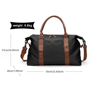 Detailed dimension view of black and brown travel duffel bag showing 55cm width and 0.6kg weight.