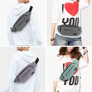 Detail views of a large capacity sports waist bag in grey and light blue colors.