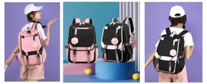Stylish student backpack collage with USB charging port and cute plush ball keychain