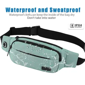 Detail view of IPX4 waterproof fabric on mint green sports waist bag for hiking