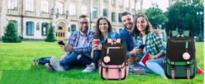 Large capacity student schoolbag with USB charging port shown in a campus setting
