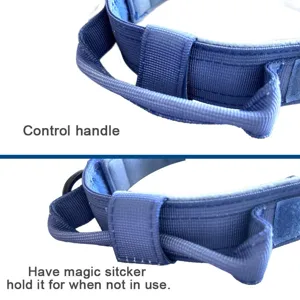 Detalle de collar táctico para perro con asa de control y cierre de velcro.