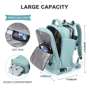 Detailed view of the multi-functional compartments in this large travel backpack.