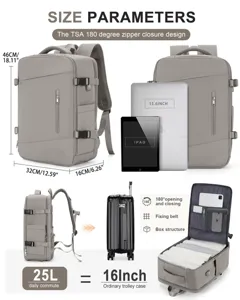 Mochila de viaje de gran capacidad con apertura de 180 grados y medidas completas.