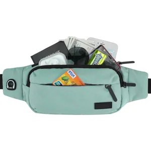 Detail view of large capacity sports fanny pack showing storage for phone and cards