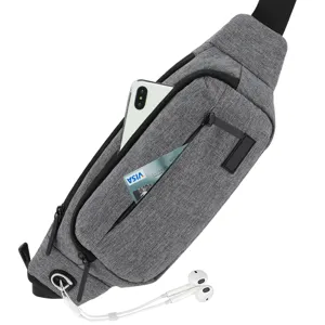Detail of a grey cross-body bag showing storage for phone, card, and earphones