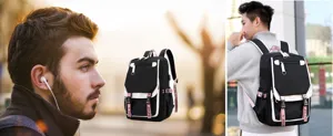 Large capacity casual student backpack with USB charging port shown in outdoor lifestyle view