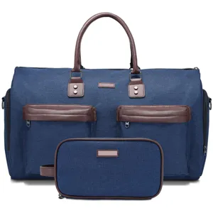 Large blue canvas travel duffel bag for men with matching toiletry bag set