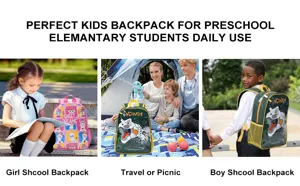 Lifestyle scenes showing cute cartoon school bags for preschool and elementary students