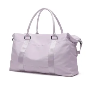 Detail of light purple portable travel duffel bag for sports and fitness
