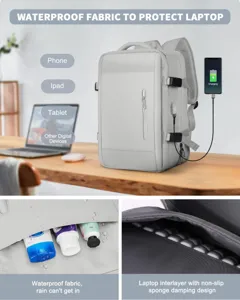 Detalles de la mochila de viaje gris para portátil con tela impermeable y acolchado