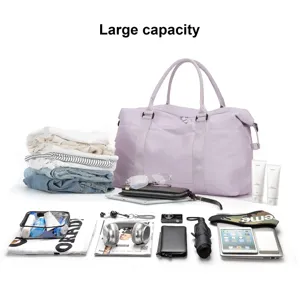 Large capacity lavender travel duffel bag shown with various organized travel essentials