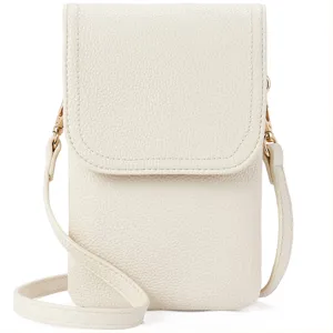 Elegant off-white PU leather phone crossbody bag with pebbled texture and gold hardware