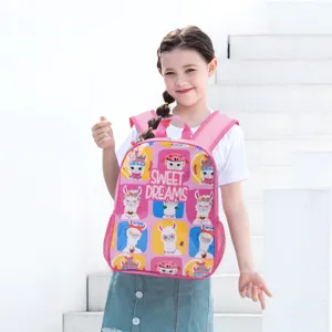 Cute young girl wearing a pink cartoon llama print backpack standing on white stairs