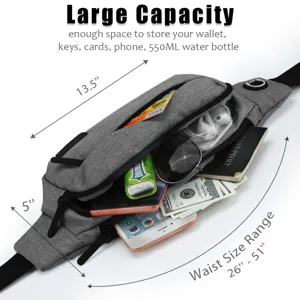 Large capacity waist bag showing internal storage for phone, keys and wallet