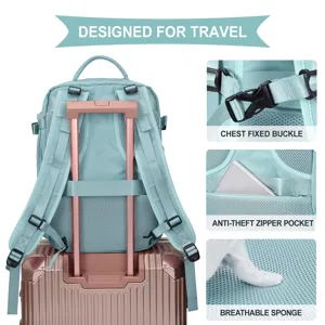 Detailed views of a mint green travel backpack with anti-theft pocket and chest buckle.