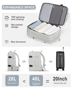 Detalle de mochila de viaje expandible grande con comparación de capacidad de 28L y 40L