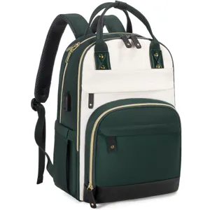 Elegante zaino porta PC verde scuro e crema da donna con design da viaggio ad alta capacità.