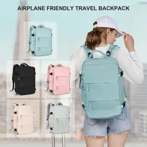 Spacious and airplane friendly travel backpack for women shown in five color options