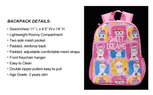 Pink cartoon llama backpack details showing size specifications and features