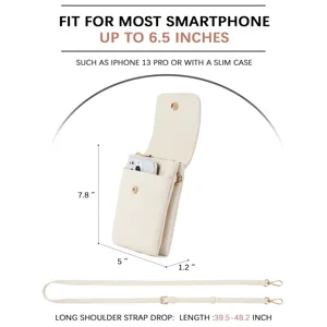 Detailed dimensions of cream PU leather phone bag fitting up to 6.5 inch smartphones