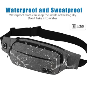 Detailed view of gray waterproof sports fanny pack showing water resistance and IPX4 rating
