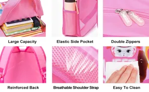 Detailed features of kids' pink cartoon backpack showing zippers, straps and pockets.