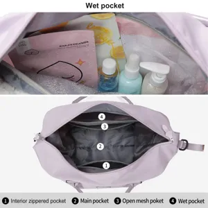 Detailed view showing travel bag interior with four functional compartments and wet pocket