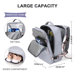 Large capacity travel backpack with separate shoe compartment and wet bag for gym or travel