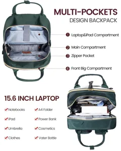 Zaino per laptop verde ad alta capacità con scomparti multipli per donna e viaggio