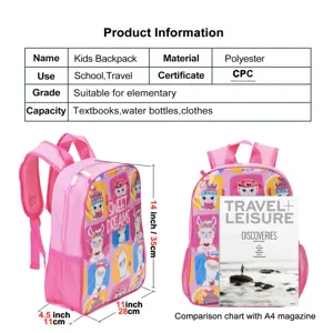 Pink cartoon llama kids backpack for elementary school with dimensions and A4 scale comparison