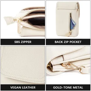 Detailed product features of vegan leather crossbody phone bag with gold-tone metal and SBS zipper