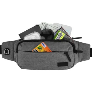 Functional large capacity gray waist bag showing organized travel essentials and phone