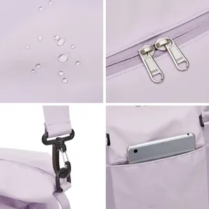 Detailed collage of waterproof lavender gym bag featuring SBS zippers and pocket