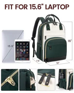 Dettagli di uno zaino per laptop da 15,6 pollici con vari scomparti e misure del prodotto