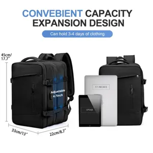 Detalle de la capacidad ampliable de la mochila de viaje negra para portátil de 17 pulgadas