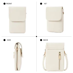 Four-angle view of cream-white PU leather phone crossbody bag with gold zipper